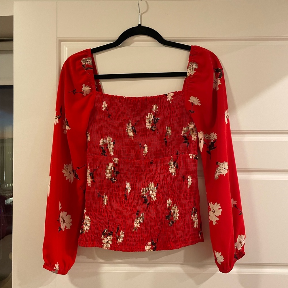 Red Floral Smocked Top